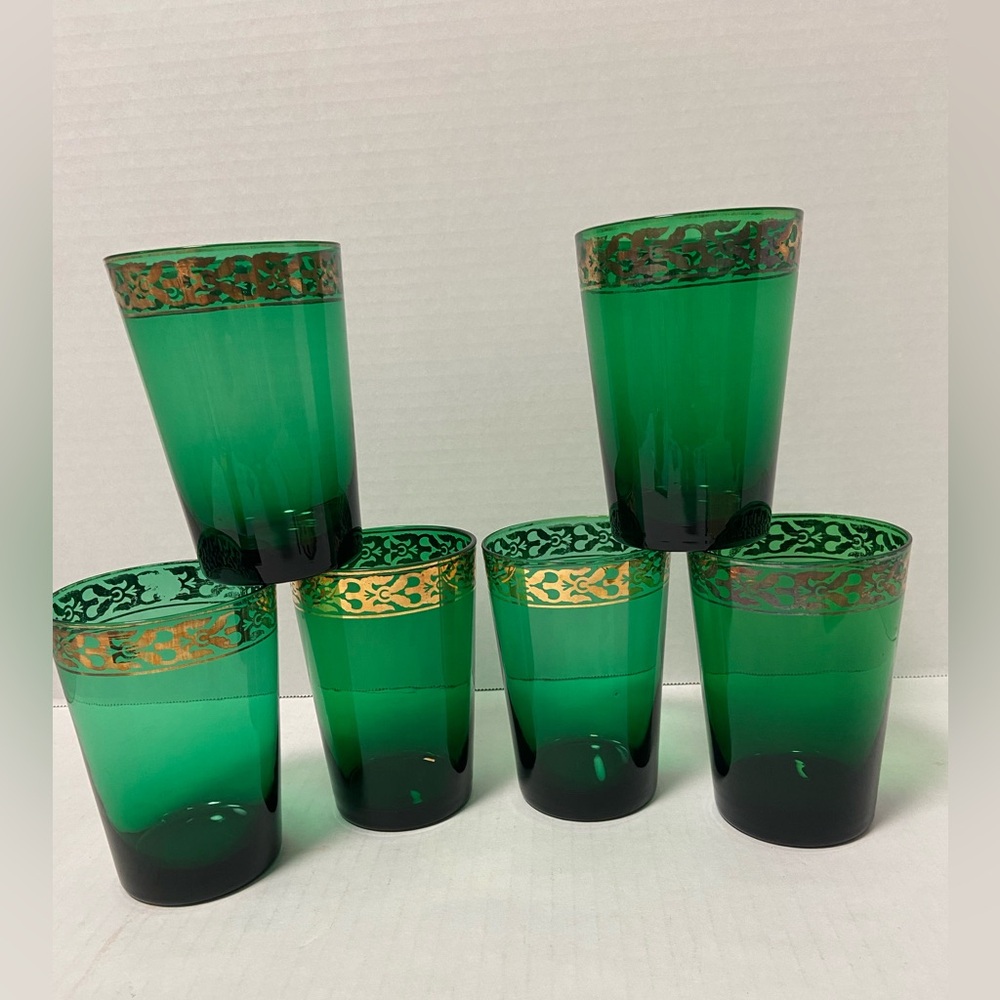 Vintage Pier 1 Emerald Green & Gold Tumbler, 12oz